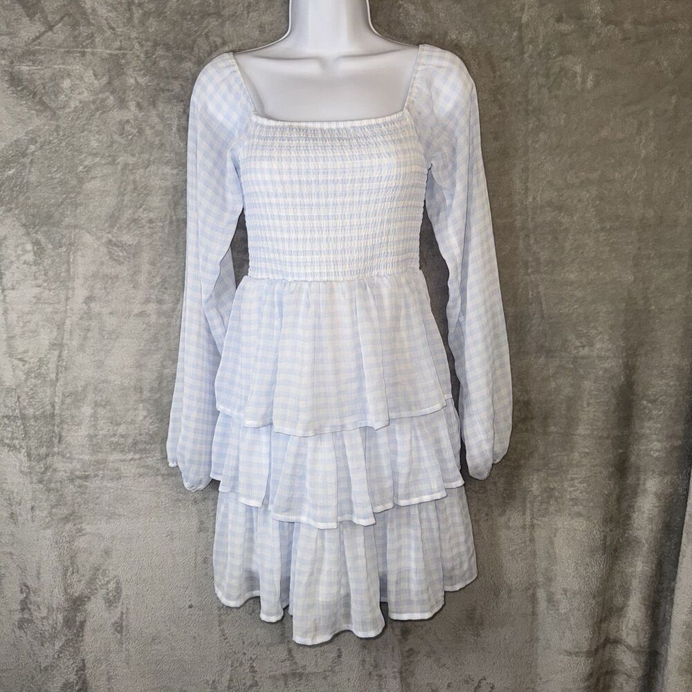 Madden NYC Milkmaid Smocked Blue Gingham Dress Sz M Country Chic Coquette